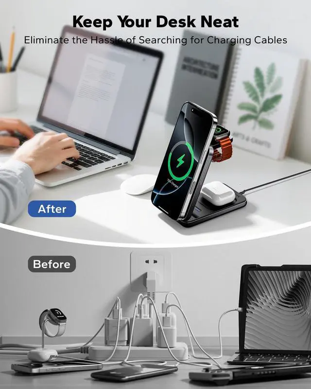 Alt view image 13 of 14 - Foldable 3in1 Charging Station for Magsafe, Travel Phone and Watch Charger for Apple, Wireless Charging Dock for Multiple Devices iPhone 17 16 15 14 13 12 Series/Apple Watch/Airpods