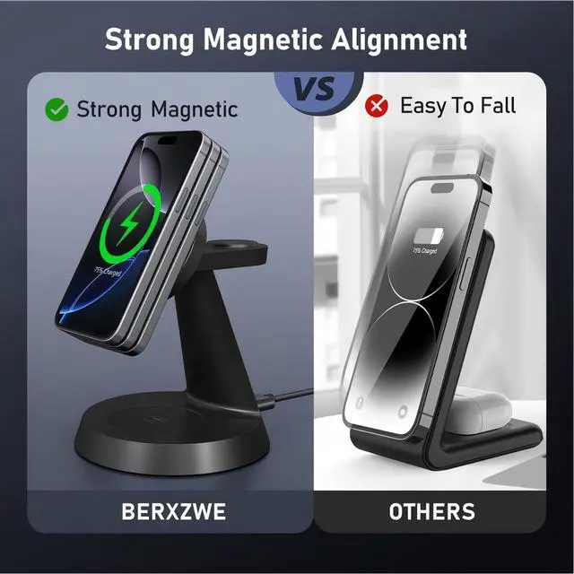 Alt view image 10 of 14 - 3 in 1 Wireless Charging Station for Apple, 15W Mag-Safe Charger Stand for iPhone17/16/15/14/13/12 Pro/Max/Plus/, Phone Charger Stand for Airpods 4/3/2, Wireless Charger for iWatch Series(Black)
