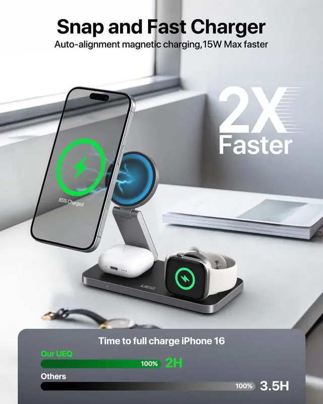 Alt view image 9 of 14 - Foldable 3 in 1 Wireless Charging Station for Apple Magsafe Charger Stand,Fast Magnetic Wireless Charger Station for iPhone 17 Air 16 15 14 13 12 Series,Airpods Pro,Apple Watch Ultra (Pure Black)