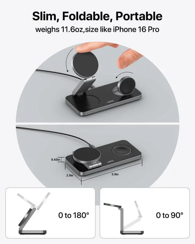 Alt view image 10 of 14 - Foldable 3 in 1 Wireless Charging Station for Apple Magsafe Charger Stand,Fast Magnetic Wireless Charger Station for iPhone 17 Air 16 15 14 13 12 Series,Airpods Pro,Apple Watch Ultra (Pure Black)