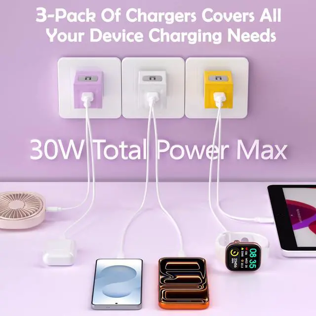 Alt view image 11 of 14 - 3 Packs USB C Charger Block Robot Wall Plug Adapters Set Dual Port Type C Charger Fast Charging USB Cell Phone Wall Charger PD 30W USB-C & QC 3.0 USB-A Plug Adapter for iPhone 17 16 15 14