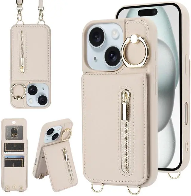 Alt view image 8 of 14 - for iPhone 13/14 Wallet Case with Strap Card Slot Holder RFID Blocking Ring Kickstand,Magnetic Flip Folio Zipper Crossbody Purse Case with Lanyard,PU Leather Cover Handbag,Beige