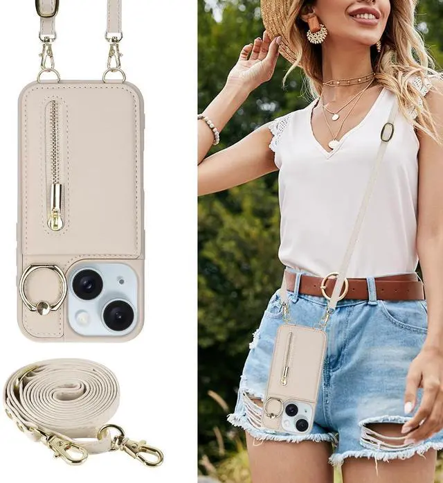 Alt view image 10 of 14 - for iPhone 13/14 Wallet Case with Strap Card Slot Holder RFID Blocking Ring Kickstand,Magnetic Flip Folio Zipper Crossbody Purse Case with Lanyard,PU Leather Cover Handbag,Beige