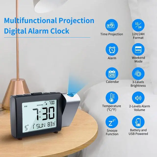 Alt view image 9 of 14 - Projection Alarm Clock for Bedroom: Digital LCD Clock with Temperature Date Snooze 12/24H and Weekend Mode, Easy Set Dimmer Clock with 2-Levels Volume, Mains and Battery Operated (Blue)