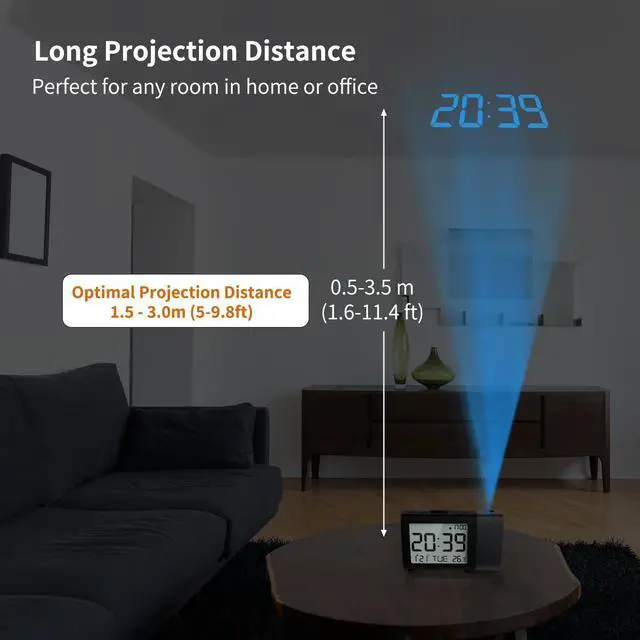 Alt view image 11 of 14 - Projection Alarm Clock for Bedroom: Digital LCD Clock with Temperature Date Snooze 12/24H and Weekend Mode, Easy Set Dimmer Clock with 2-Levels Volume, Mains and Battery Operated (Blue)
