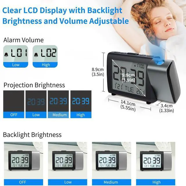 Alt view image 13 of 14 - Projection Alarm Clock for Bedroom: Digital LCD Clock with Temperature Date Snooze 12/24H and Weekend Mode, Easy Set Dimmer Clock with 2-Levels Volume, Mains and Battery Operated (Blue)
