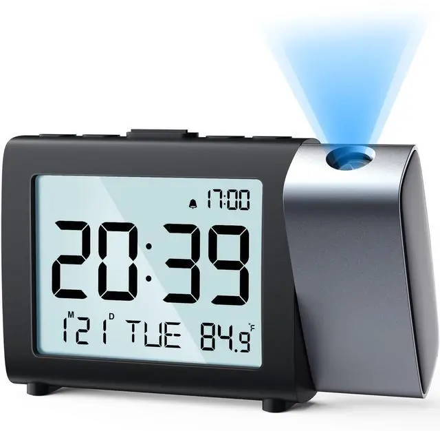 Alt view image 8 of 14 - Projection Alarm Clock for Bedroom: Digital LCD Clock with Temperature Date Snooze 12/24H and Weekend Mode, Easy Set Dimmer Clock with 2-Levels Volume, Mains and Battery Operated (Blue)