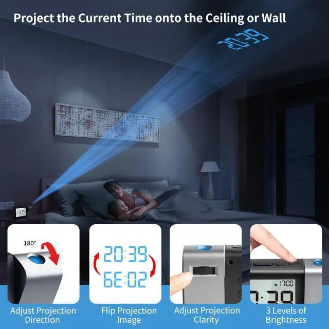 Alt view image 10 of 14 - Projection Alarm Clock for Bedroom: Digital LCD Clock with Temperature Date Snooze 12/24H and Weekend Mode, Easy Set Dimmer Clock with 2-Levels Volume, Mains and Battery Operated (Blue)