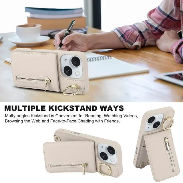 Alt view image 14 of 14 - for iPhone 13/14 Wallet Case with Strap Card Slot Holder RFID Blocking Ring Kickstand,Magnetic Flip Folio Zipper Crossbody Purse Case with Lanyard,PU Leather Cover Handbag,Beige