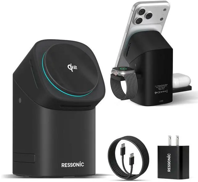 Alt view image 8 of 14 - 3 in 1 Wireless Charging Station for iPhone 17/16/15/14/13/12 Pro Max, Qi 2 Certified 15W Fast Charging Magnetic Charger Stand for Magsafe Phone, AirPods, Smart Watch (Black)