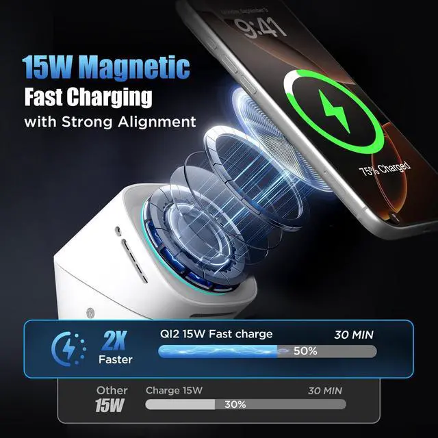 Alt view image 9 of 14 - 3 in 1 Wireless Charging Station for iPhone 17/16/15/14/13/12 Pro Max, Qi 2 Certified 15W Fast Charging Magnetic Charger Stand for Magsafe Phone, AirPods, Smart Watch (Black)
