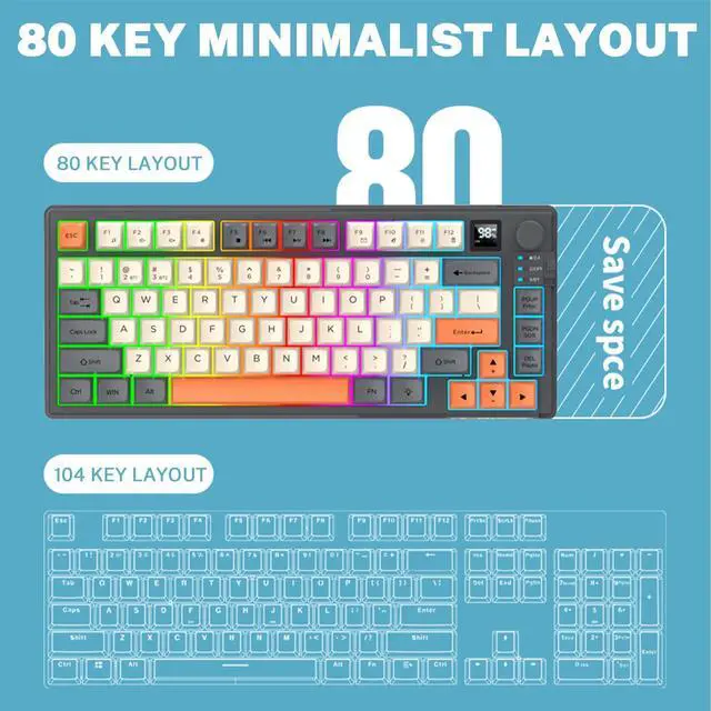 Alt view image 10 of 14 - 75 Wireless Gaming Keyboard and Mouse Combo, Tri-Mode BT5.0/2.4GHz/USB-C, RGB Backlit Keyboard + 3D 1600DPI Mice, 2000mAh Battery, 80 Keys, Knob Volume Control (Black)