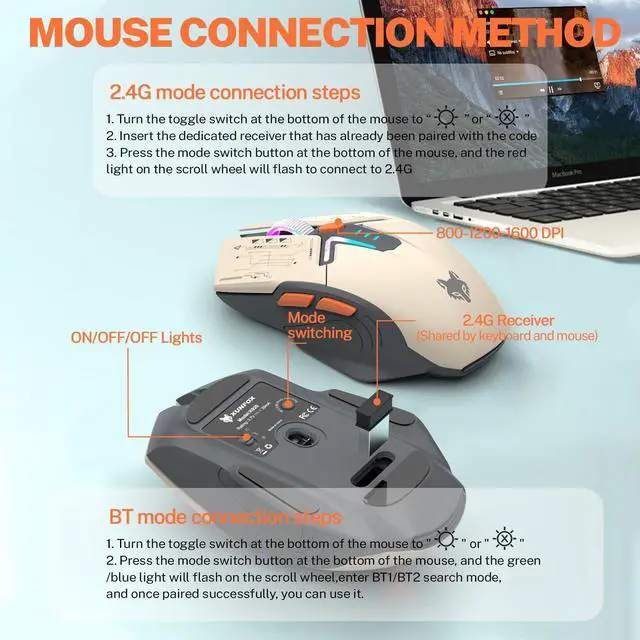 Alt view image 13 of 14 - 75 Wireless Gaming Keyboard and Mouse Combo, Tri-Mode BT5.0/2.4GHz/USB-C, RGB Backlit Keyboard + 3D 1600DPI Mice, 2000mAh Battery, 80 Keys, Knob Volume Control (Black)