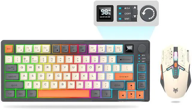 Alt view image 8 of 14 - 75 Wireless Gaming Keyboard and Mouse Combo, Tri-Mode BT5.0/2.4GHz/USB-C, RGB Backlit Keyboard + 3D 1600DPI Mice, 2000mAh Battery, 80 Keys, Knob Volume Control (Black)