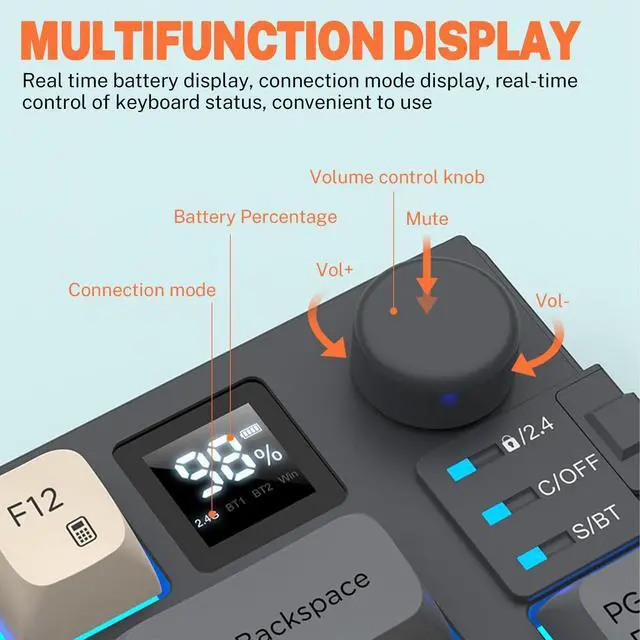 Alt view image 12 of 14 - 75 Wireless Gaming Keyboard and Mouse Combo, Tri-Mode BT5.0/2.4GHz/USB-C, RGB Backlit Keyboard + 3D 1600DPI Mice, 2000mAh Battery, 80 Keys, Knob Volume Control (Black)