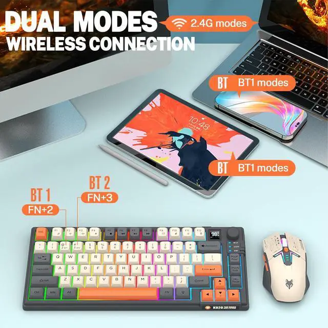 Alt view image 11 of 14 - 75 Wireless Gaming Keyboard and Mouse Combo, Tri-Mode BT5.0/2.4GHz/USB-C, RGB Backlit Keyboard + 3D 1600DPI Mice, 2000mAh Battery, 80 Keys, Knob Volume Control (Black)