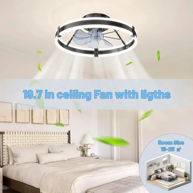 Alt view image 13 of 14 - Low Profile Bladeless Ceiling Fan with Lights & Remote - 19.7" Flush Mount Fandelier Light Fan for Bedroom/Kitchen, 3000-6000K Dimmable LED, 6-Speed Modern Fan with Lights for Home/Office