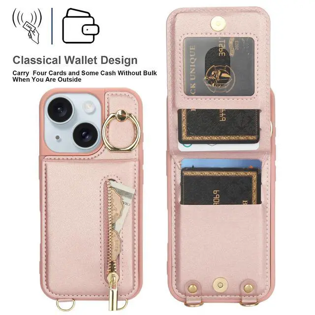 Alt view image 12 of 14 - Crossbody Wallet Case for iPhone 13/14 with Lanyard Strap Card Slot Holder RFID Blocking Ring Kickstand,Magnetic Flip Folio Zipper Purse Case, PU Leather Cover Handbag,Rose Gold