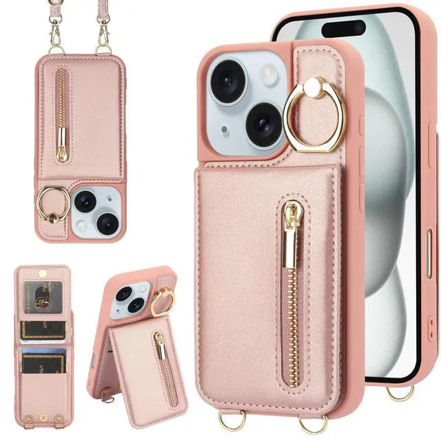 Alt view image 8 of 14 - Crossbody Wallet Case for iPhone 13/14 with Lanyard Strap Card Slot Holder RFID Blocking Ring Kickstand,Magnetic Flip Folio Zipper Purse Case, PU Leather Cover Handbag,Rose Gold