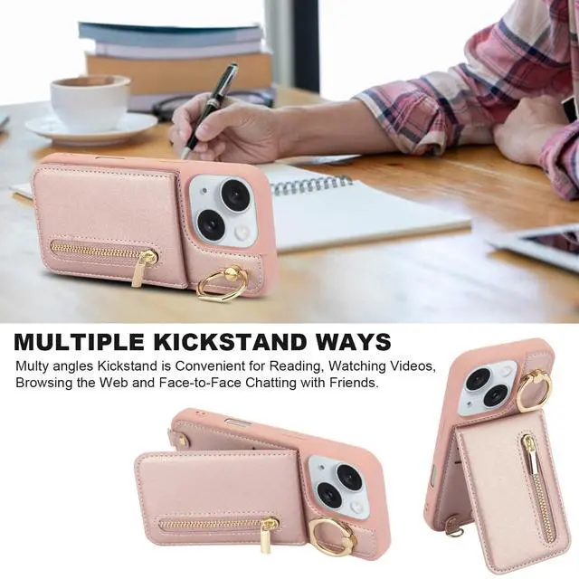 Alt view image 14 of 14 - Crossbody Wallet Case for iPhone 13/14 with Lanyard Strap Card Slot Holder RFID Blocking Ring Kickstand,Magnetic Flip Folio Zipper Purse Case, PU Leather Cover Handbag,Rose Gold