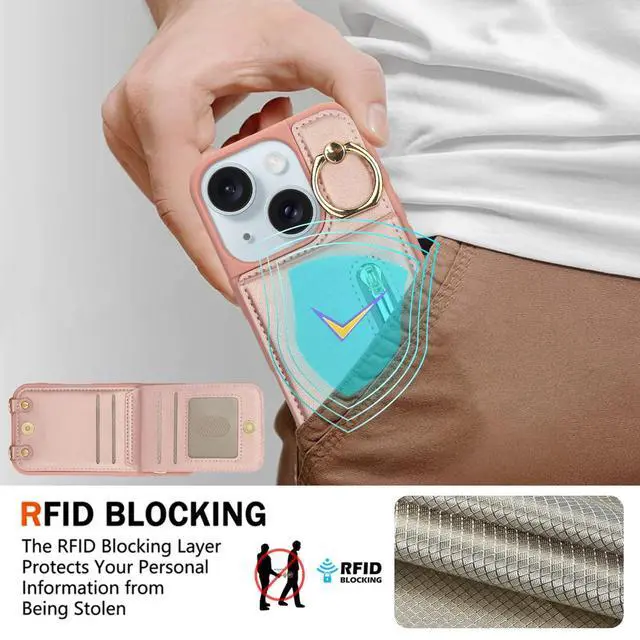 Alt view image 13 of 14 - Crossbody Wallet Case for iPhone 13/14 with Lanyard Strap Card Slot Holder RFID Blocking Ring Kickstand,Magnetic Flip Folio Zipper Purse Case, PU Leather Cover Handbag,Rose Gold