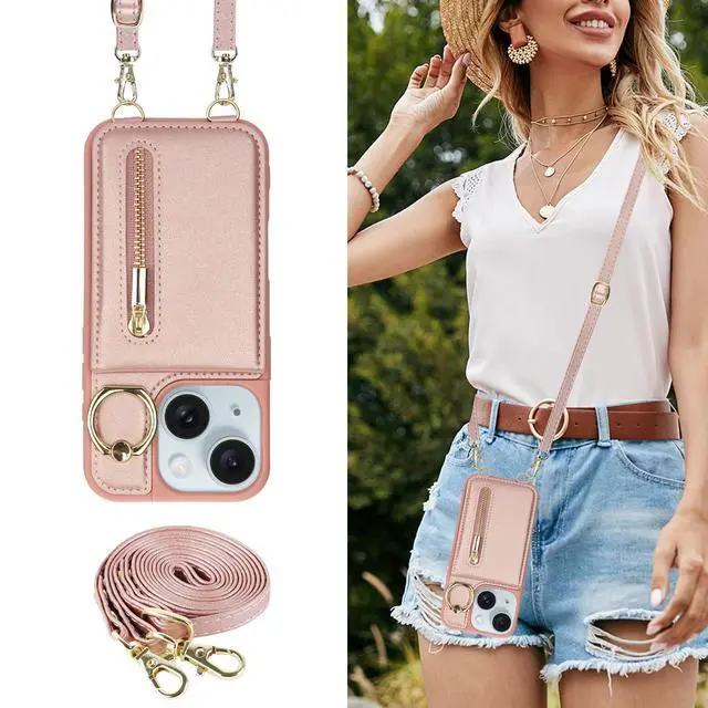 Alt view image 10 of 14 - Crossbody Wallet Case for iPhone 13/14 with Lanyard Strap Card Slot Holder RFID Blocking Ring Kickstand,Magnetic Flip Folio Zipper Purse Case, PU Leather Cover Handbag,Rose Gold