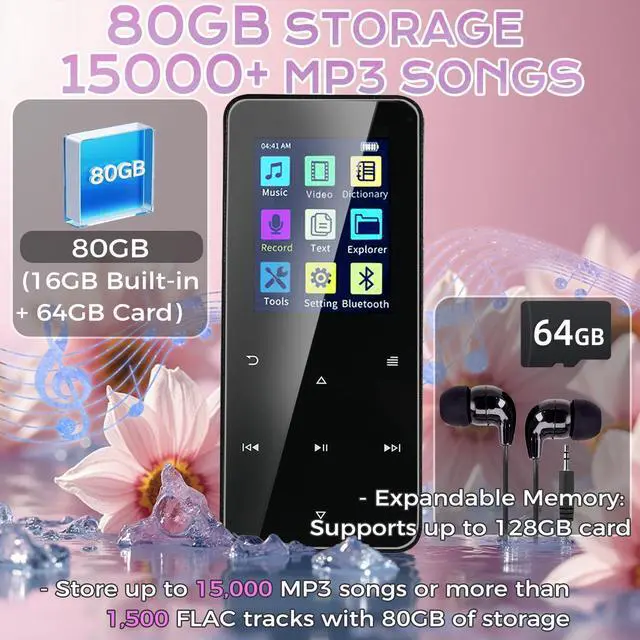 Alt view image 10 of 14 - 16GB+64GB MP3 Player with Bluetooth Portable HiFi Music Player with HD Speaker, Lossless Sound, FM Radio, Voice Recorder, Touch Buttons, E-Book (Earphones & 16GB + 64GB Card Included, Alloy Metal)