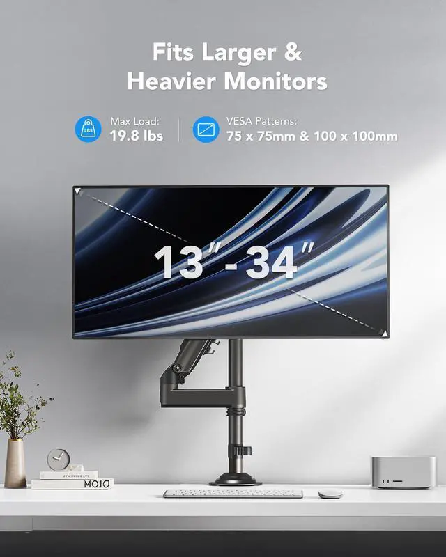 Alt view image 10 of 14 - Single Monitor Arm, Adjustable Desk Mount for 13-34 inch Screens, Holds 19.8lb, 22.44 inch Max Height, Full Motion Swivel Gaming Monitor Stand with VESA 75x75mm and 100x100mm Compatibility