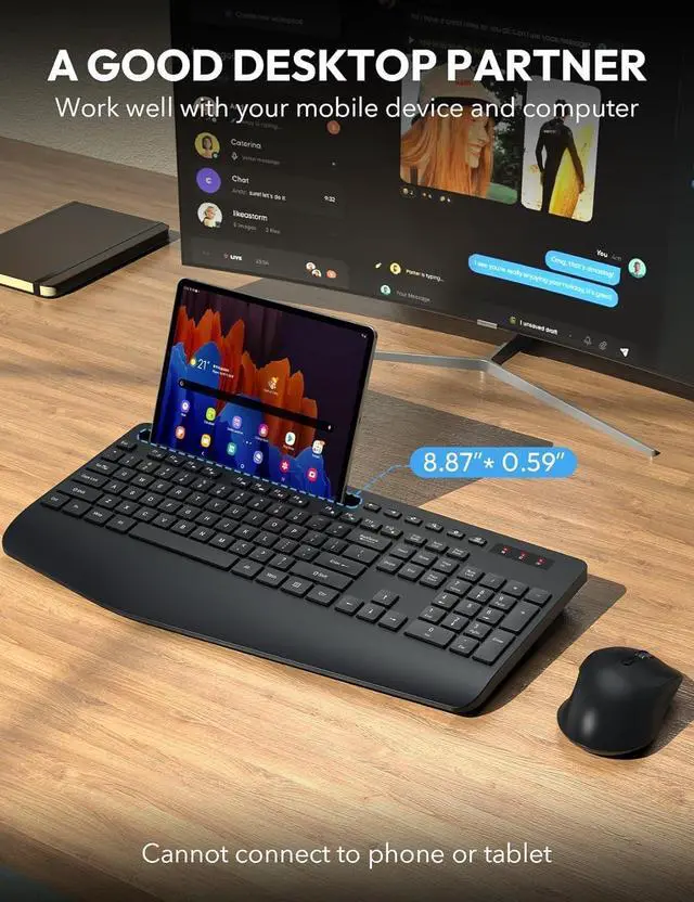 Alt view image 9 of 13 - Wireless Keyboard and Mouse Combo - Full Size Ergonomic Wrist Rest, Silent Typing, Phone Holder, 2.4 GHz, 3 Level DPI, Batteries Powered, Compatible with PC, Laptop, Windows, macOS