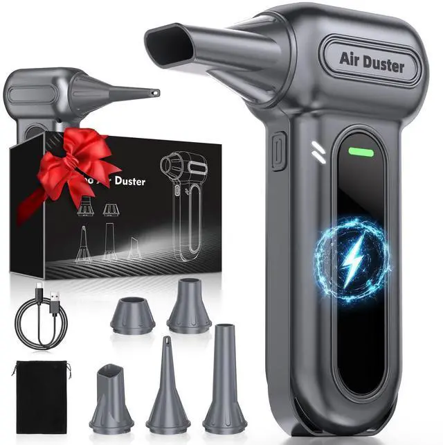 Alt view image 8 of 14 - Compressed Air Duster - 150000RPM Electric Air Dusters for Cleaning, 4-Gear Turbo Blower Fan, Mini Keyboard Cleaner with LED Light, 8000mAh Rechargeable, Tech Gift for Car, PC, BBQ, Leaf, Gray