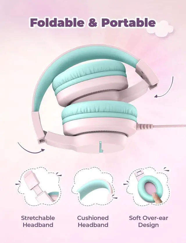 Alt view image 12 of 14 - HS19 Kids Headphones with Microphone for School, Safe Volume Limited, Over-Ear Girls Boys Headphones for Kids with Shareport, Foldable Wired for iPad/Travel (Pink)