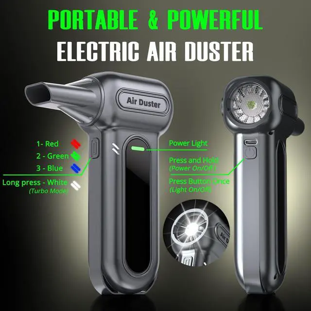 Alt view image 13 of 14 - Compressed Air Duster - 150000RPM Electric Air Dusters for Cleaning, 4-Gear Turbo Blower Fan, Mini Keyboard Cleaner with LED Light, 8000mAh Rechargeable, Tech Gift for Car, PC, BBQ, Leaf, Gray