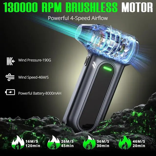 Alt view image 9 of 14 - Compressed Air Duster - 150000RPM Electric Air Dusters for Cleaning, 4-Gear Turbo Blower Fan, Mini Keyboard Cleaner with LED Light, 8000mAh Rechargeable, Tech Gift for Car, PC, BBQ, Leaf, Gray