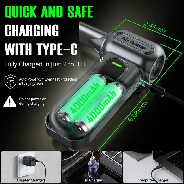 Alt view image 14 of 14 - Compressed Air Duster - 150000RPM Electric Air Dusters for Cleaning, 4-Gear Turbo Blower Fan, Mini Keyboard Cleaner with LED Light, 8000mAh Rechargeable, Tech Gift for Car, PC, BBQ, Leaf, Gray