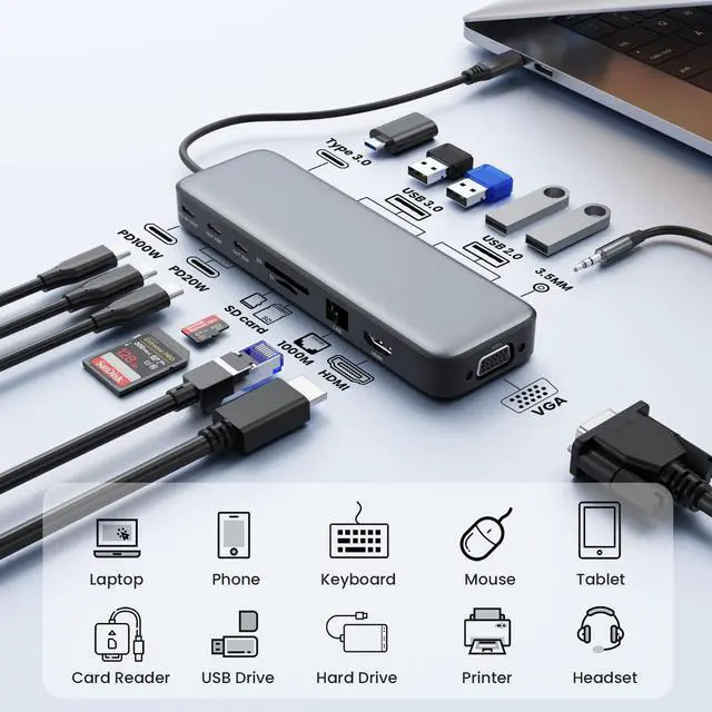 Alt view image 11 of 14 - USB C Hub Laptop Docking Station Dual Monitor,14 in 1 Multiport Adapter with 4K HDMI,VGA,8 USB C/A Ports,100W PD Fast Charging,Audio&Mic,SD&TF,USBC Dongle for MacBook/Dell/HP/Lenovo ThinkPad/Surface