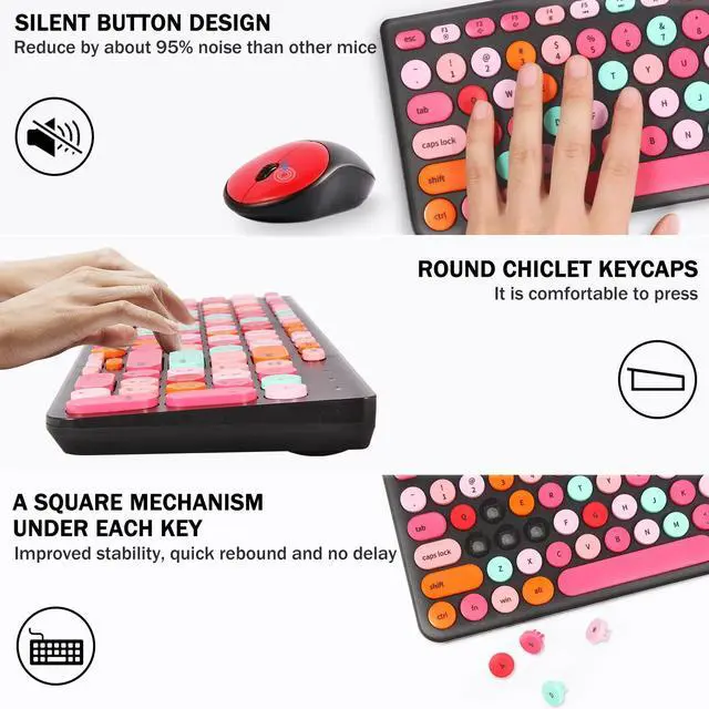 Alt view image 11 of 14 - Wireless Keyboard and Mouse Combo, Retro Typewriter Keyboard with Round Keycaps, 2.4GHz USB Cute Wireless Keyboard Mouse for Computer, Desktop, Laptop and Computer (Black-Colorful)