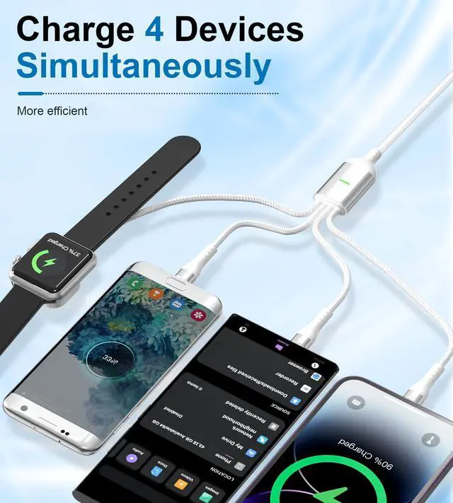 Alt view image 11 of 12 - Multi Charging Cable for Apple Watch - 100W 10ft 4-in-1 Fast Charger with Lightning, USB C, Micro USB & Apple Watch Charger for iWatch, iPhone, MacBook Pro - White