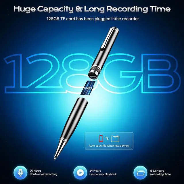 Alt view image 9 of 14 - Voice Recorder with Playback, 128GB Digital Voice Activated Recorder with Intelligent Noise Reduction, Recording Device, 4800Hrs Smart Tap Dictaphone for Lectures Meeting, Class, Work, Interviews