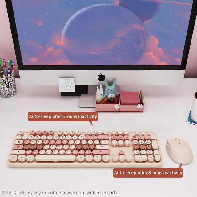 Alt view image 9 of 14 - Wireless Keyboard and Mouse, Cute Keyboard and Mouse, 2.4G Wireless Keyboard with Retro Round Keycap for PC, Mac, Laptop,Computer Windows (Milk Tea)