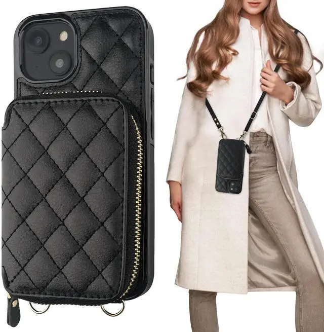 Alt view image 8 of 14 - Crossbody Wallet Case for iPhone 14, RFID Blocking PU Leather Zipper Handbag Purse Flip Cover, Kickstand Folio Case with Card Slots Holder Wrist Strap Lanyard 5G 6.1 Inch (Black)