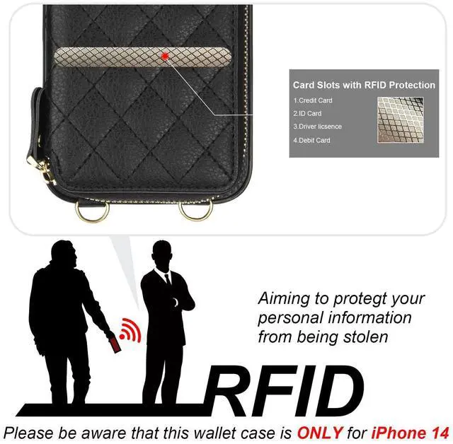 Alt view image 10 of 14 - Crossbody Wallet Case for iPhone 14, RFID Blocking PU Leather Zipper Handbag Purse Flip Cover, Kickstand Folio Case with Card Slots Holder Wrist Strap Lanyard 5G 6.1 Inch (Black)