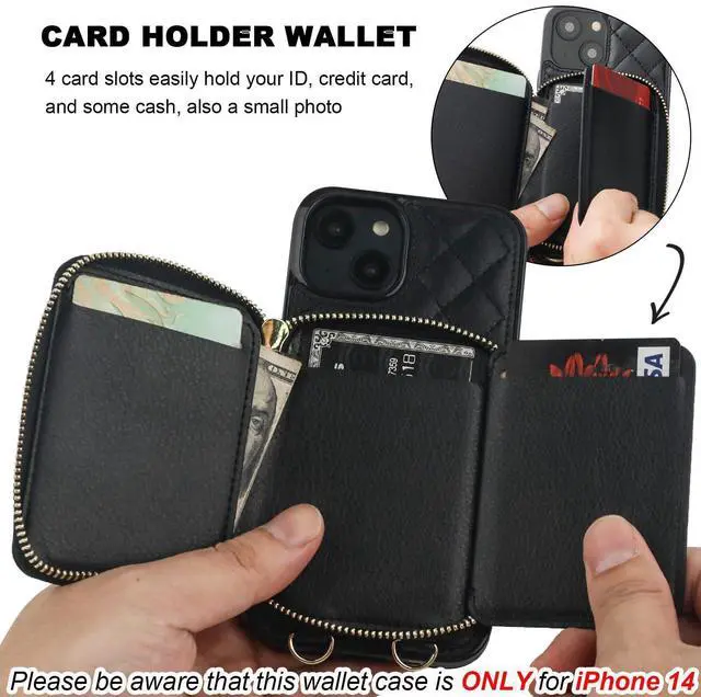 Alt view image 11 of 14 - Crossbody Wallet Case for iPhone 14, RFID Blocking PU Leather Zipper Handbag Purse Flip Cover, Kickstand Folio Case with Card Slots Holder Wrist Strap Lanyard 5G 6.1 Inch (Black)