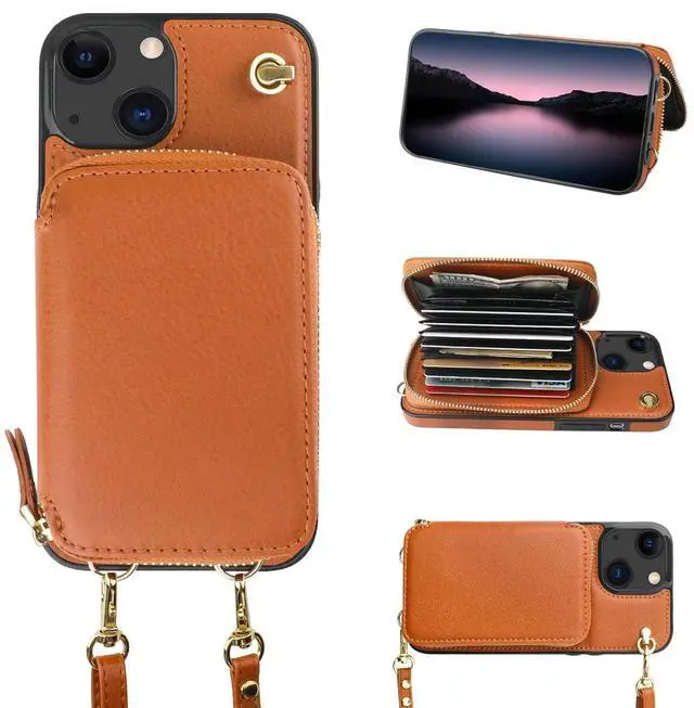 Alt view image 8 of 14 - Crossbody Wallet Case for iPhone 14 iPhone 13, RFID Blocking Leather Purse Case with Card Holder, Protective Handbag Flip Cover with Zipper Wrist Strap Lanyard for Women 5G 6.1 Inch (Brown)