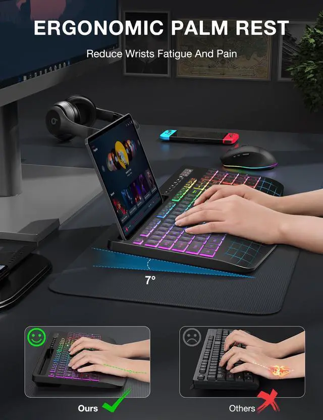 Alt view image 10 of 14 - Wireless Keyboard and Mouse Combo - 9 Backlit Effects, RGB, Ergonomic Wrist Rest, Phone Holder, 2.4G Full Size, Rechargeable, Sleep Mode, Quiet Keyboard Set for Computer, PC, Laptop, Mac, Windows