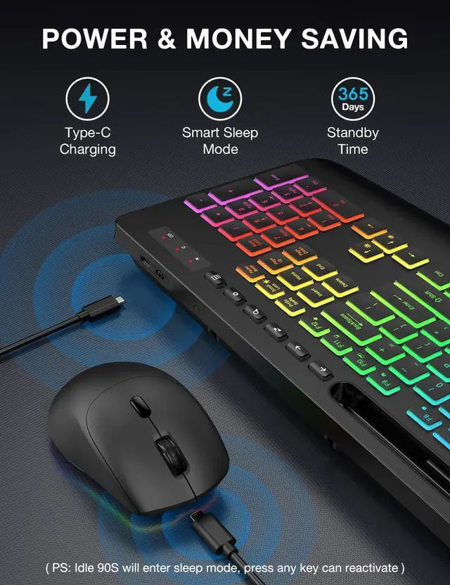 Alt view image 12 of 14 - Wireless Keyboard and Mouse Combo - 9 Backlit Effects, RGB, Ergonomic Wrist Rest, Phone Holder, 2.4G Full Size, Rechargeable, Sleep Mode, Quiet Keyboard Set for Computer, PC, Laptop, Mac, Windows