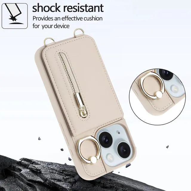 Alt view image 11 of 14 - for iPhone 13/14 Wallet Case with Strap Card Slot Holder RFID Blocking Ring Kickstand,Magnetic Flip Folio Zipper Crossbody Purse Case with Lanyard,PU Leather Cover Handbag,Beige