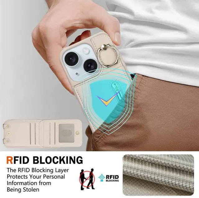 Alt view image 13 of 14 - for iPhone 13/14 Wallet Case with Strap Card Slot Holder RFID Blocking Ring Kickstand,Magnetic Flip Folio Zipper Crossbody Purse Case with Lanyard,PU Leather Cover Handbag,Beige