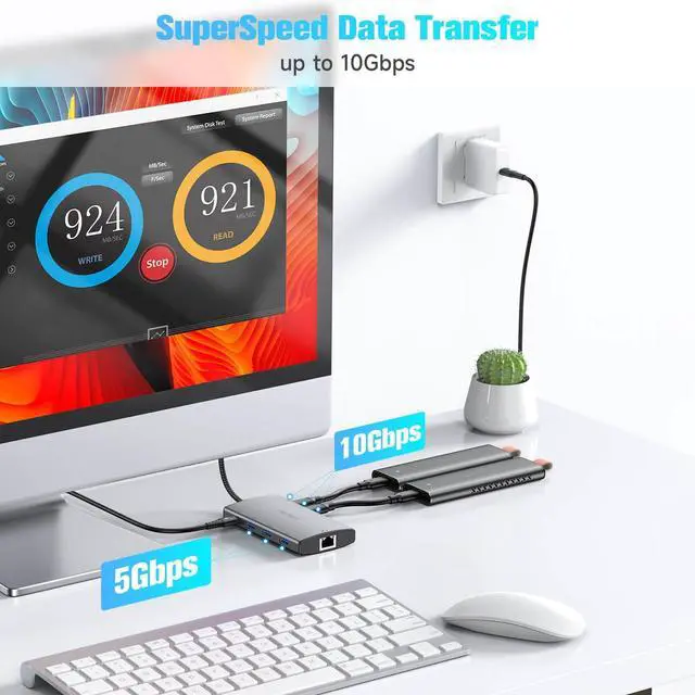 Alt view image 10 of 14 - 9-in-1 USB C Hub Multiport Adapter with 4K HDMI, 10Gbps USB-3.2 Ports(2C + 1A), 3 USB-3.0 5Gbps Data Ports, 100W PD, Gigabit Ethernet, Aluminum USB-C Dongle for MacBook, Laptops and More