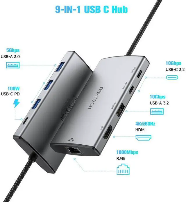 Alt view image 9 of 14 - 9-in-1 USB C Hub Multiport Adapter with 4K HDMI, 10Gbps USB-3.2 Ports(2C + 1A), 3 USB-3.0 5Gbps Data Ports, 100W PD, Gigabit Ethernet, Aluminum USB-C Dongle for MacBook, Laptops and More