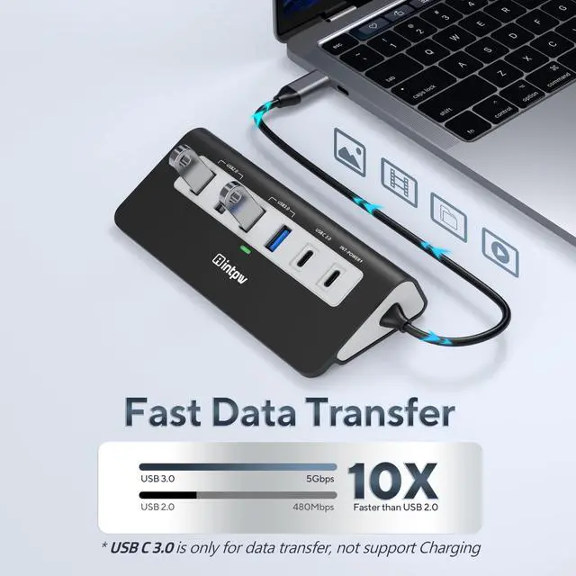 Alt view image 12 of 14 - P9 USB C Hub, INTPW 9-in-1 USB Multiport Adapter with 4K HDMI, PD 100W, USB-C and 2 USB A 3.0 5Gbps, 2 USB A 2.0, SD/TF Card Reader, Aluminum Powered USB Hub for PC, iPhone 16/15 Series, MacBook, iPad
